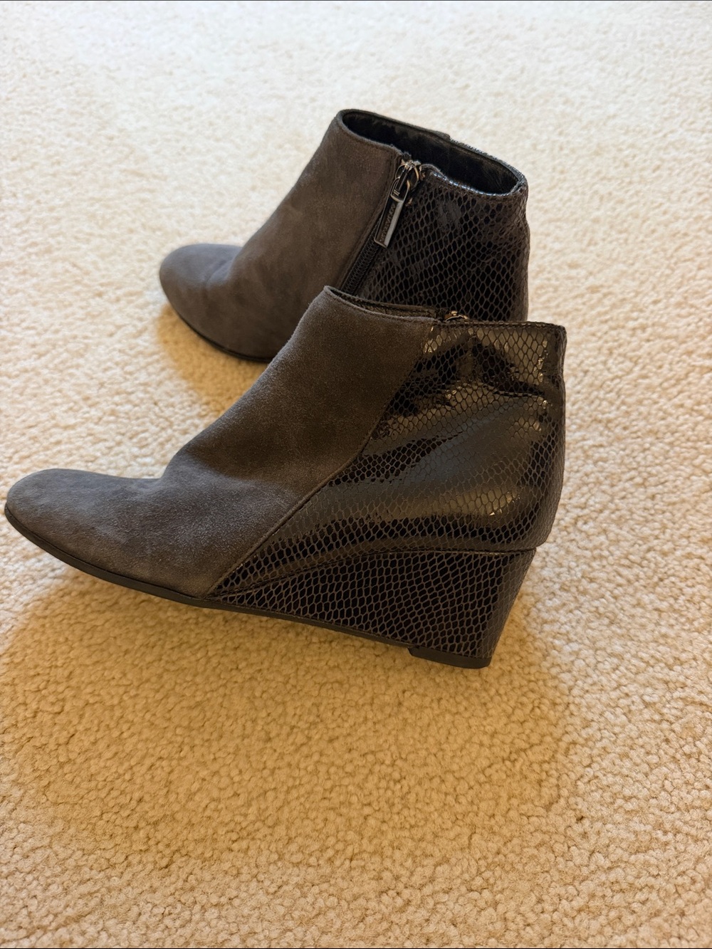 All weather women’s Gray Suede & Snake-Print Wedge Ankle Boots